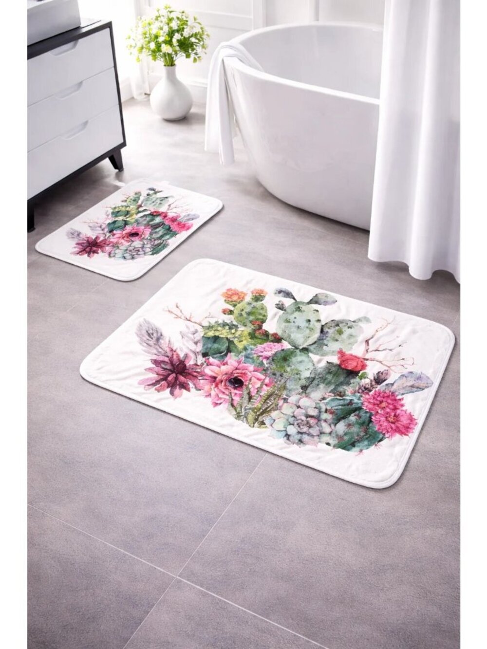2 Pc Prickly Pear Cactus Western Print Bath Rug Set